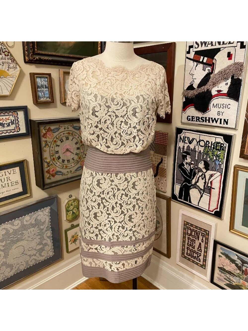 Tadashi Shoji Tan & Cream Lace Sheer Shoulder & Chest Midi Dress Size 12